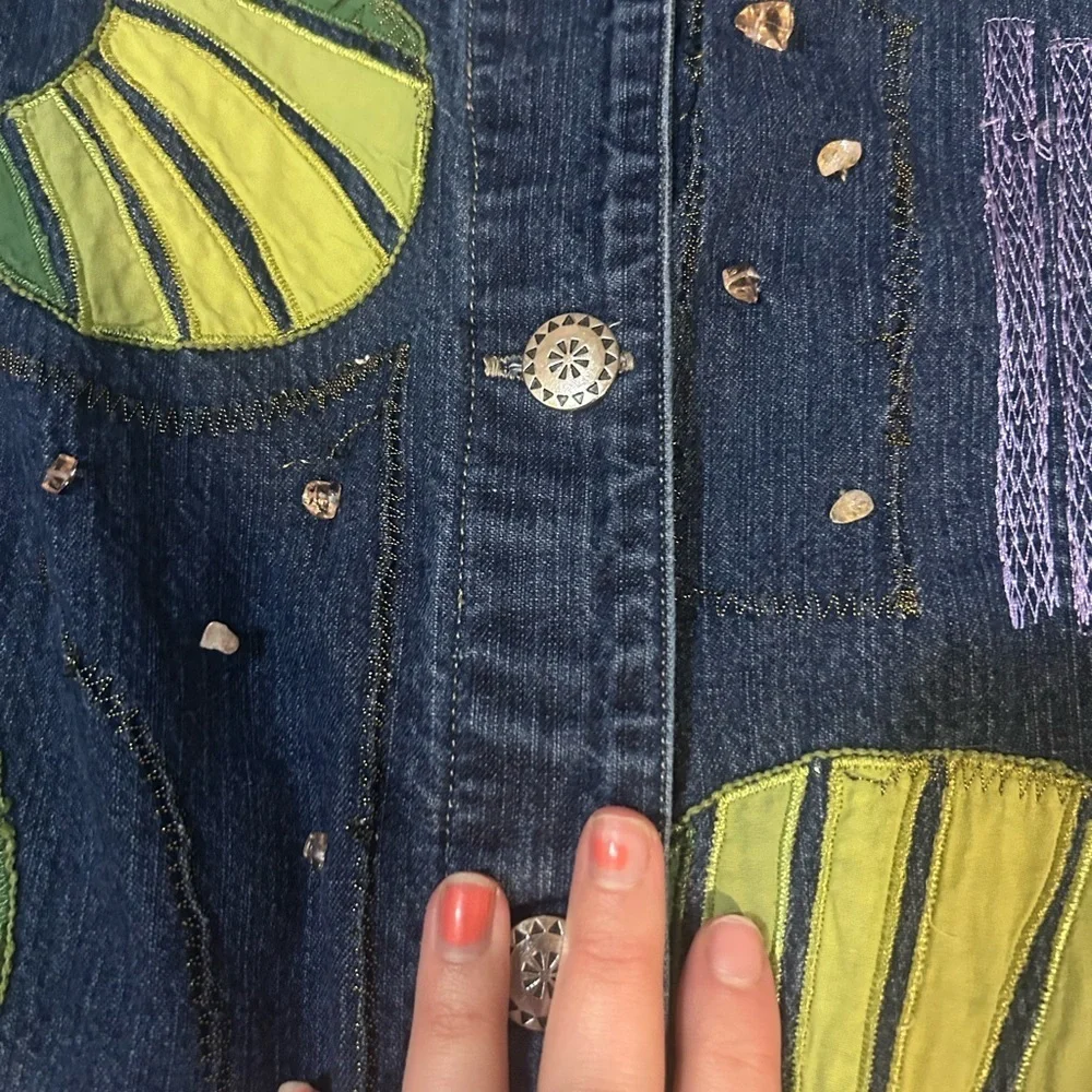 Marsh Landing Plant Embroidery Denim Jean Jacket Abstract Leaf Print Lily pad - Picture 4 of 12